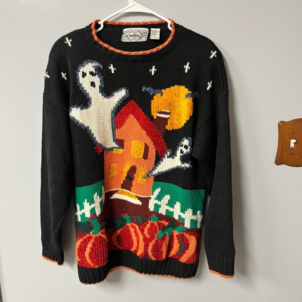 Vintage Nuggets Halloween Sweater Large Ghosts Haunted House Pumpkin Knit 90s